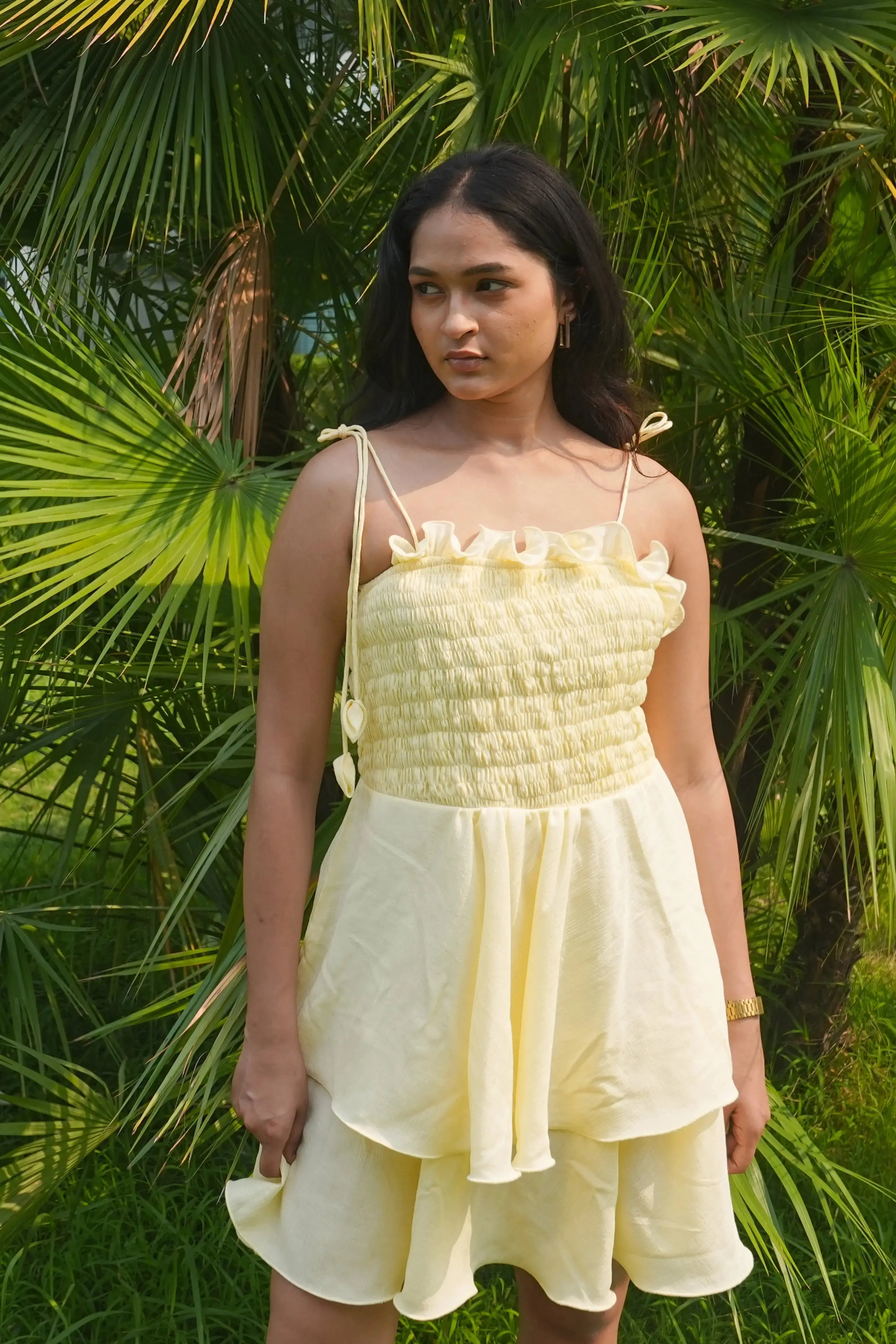 Cream Short Frill Dress with shoulder ties. DLPL
