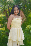 Cream Short Frill Dress with shoulder ties. DLPL