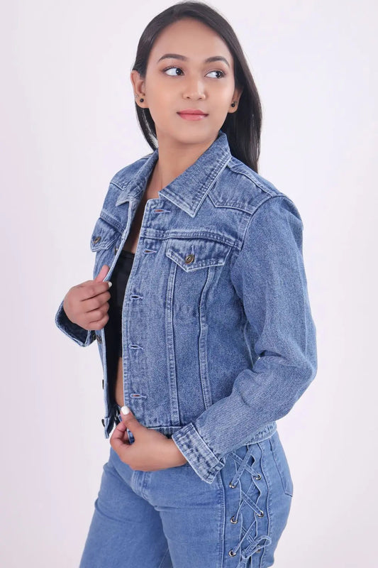 Blue Full Sleeve Denim Jacket with Embroidery DLPL