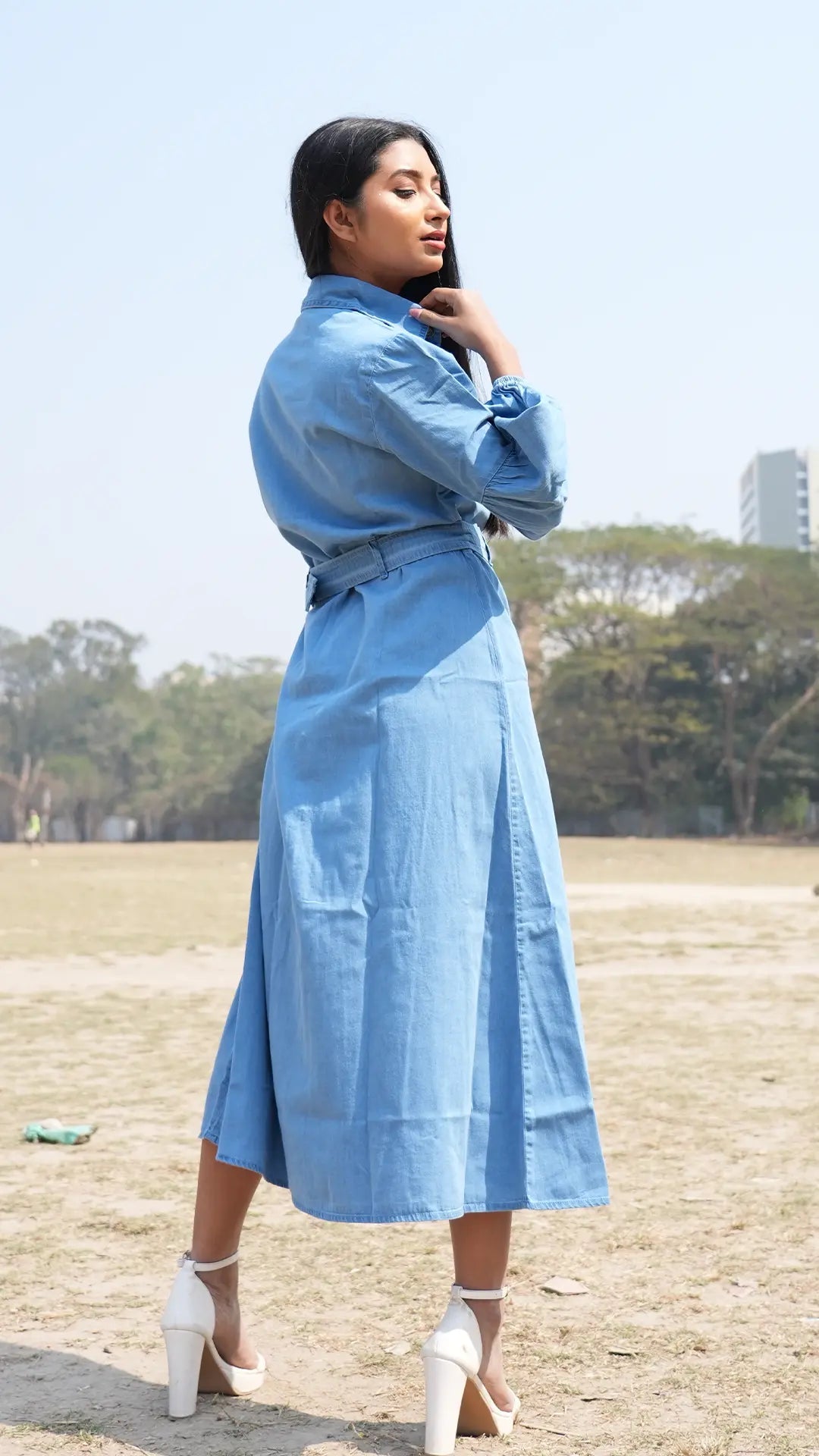 Midi denim Shirt dress with long sleeve DLPL