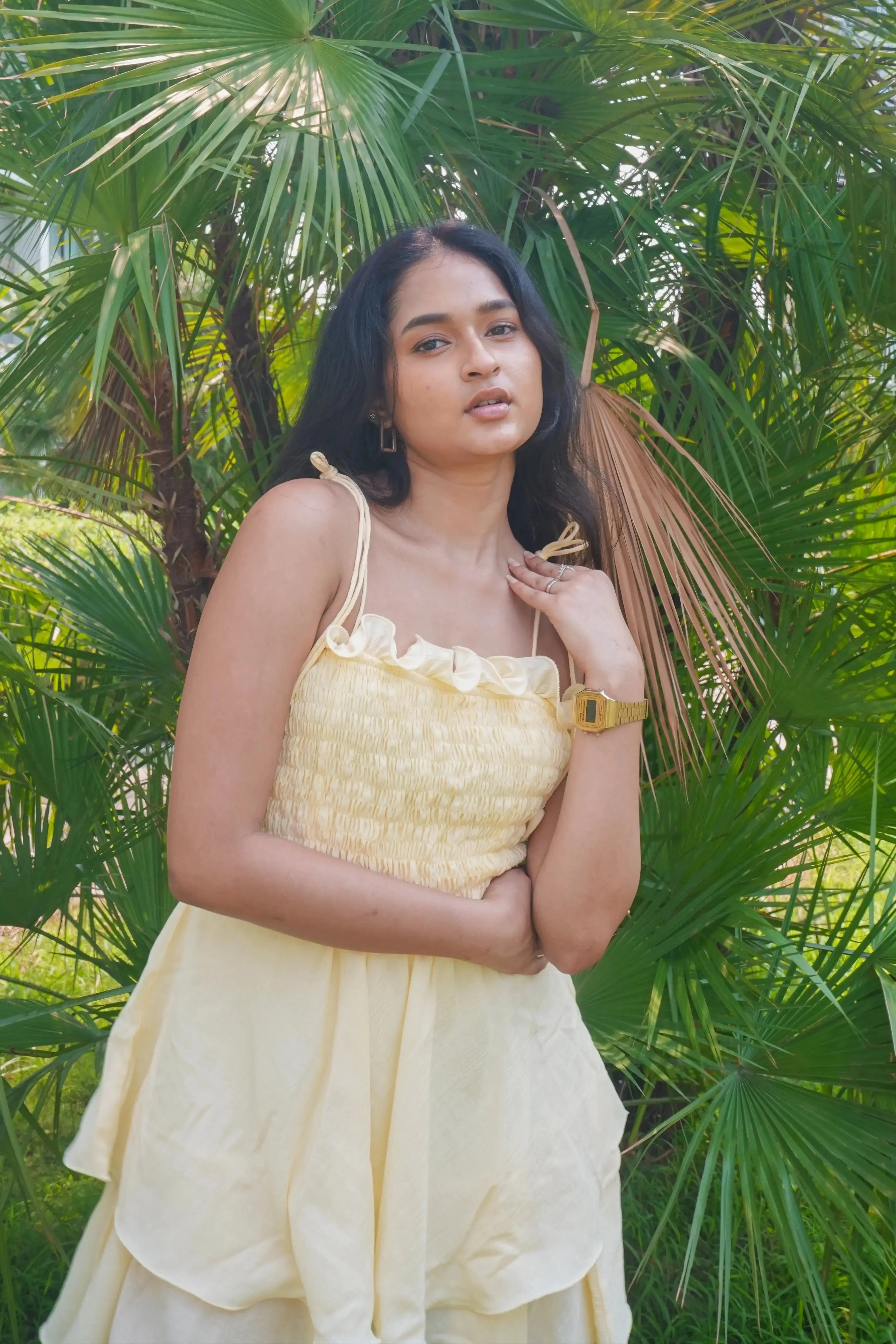 Cream Short Frill Dress with shoulder ties. DLPL