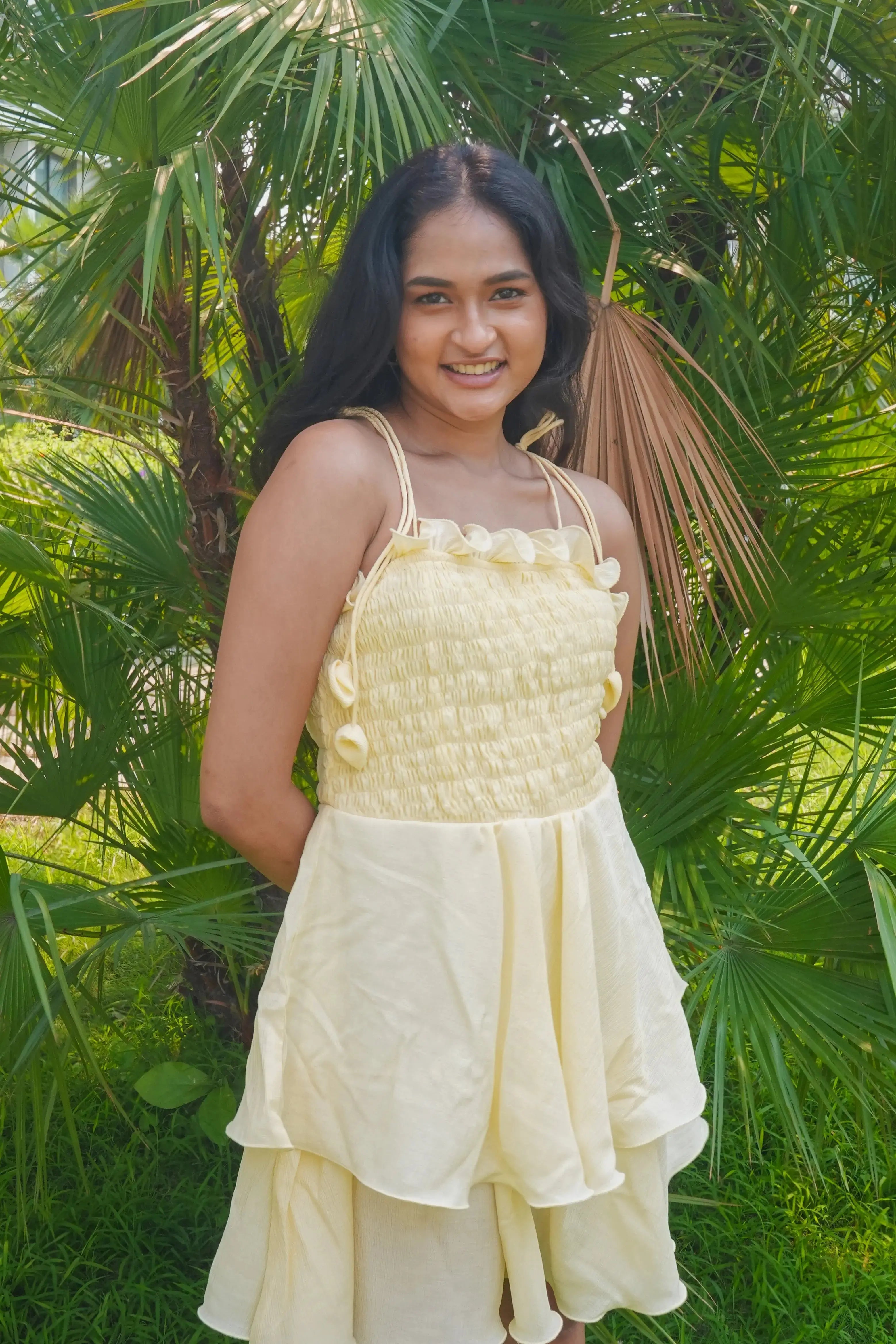 Cream Short Frill Dress with shoulder ties. DLPL