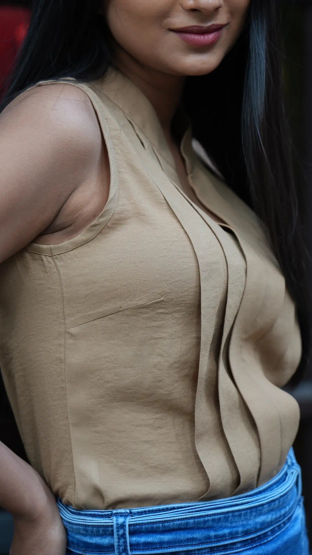 Beige Sleeveless Pleated Top DLPL