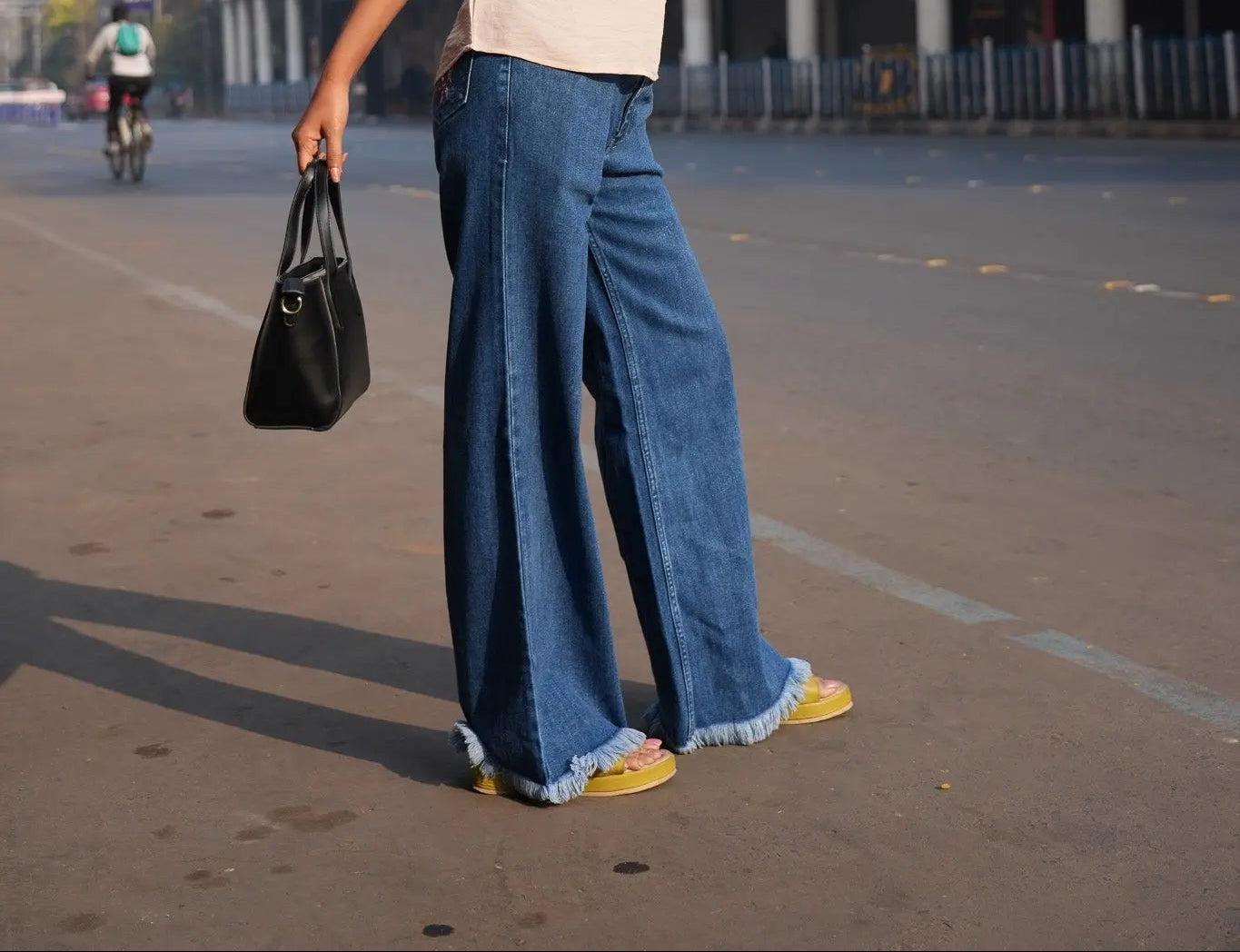 Premium Cotton  Wide Leg  Jeans with Hem Distress DLPL