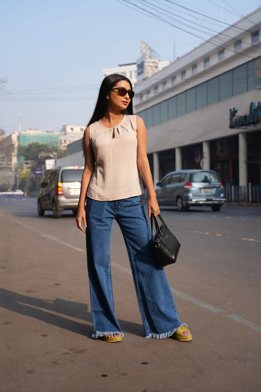 Premium Cotton  Wide Leg  Jeans with Hem Distress DLPL