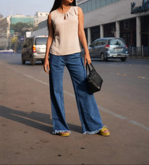 Premium Cotton  Wide Leg  Jeans with Hem Distress DLPL