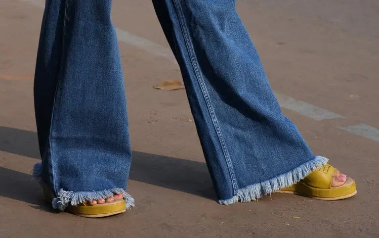 Premium Cotton  Wide Leg  Jeans with Hem Distress DLPL