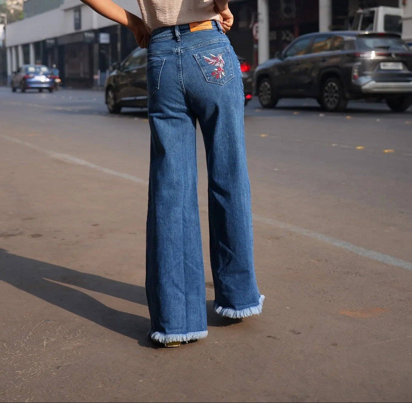 Premium Cotton  Wide Leg  Jeans with Hem Distress DLPL