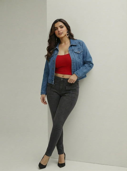 Blue Full Sleeve Denim Jacket with Embroidery