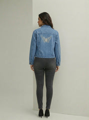Blue Full Sleeve Denim Jacket with Embroidery