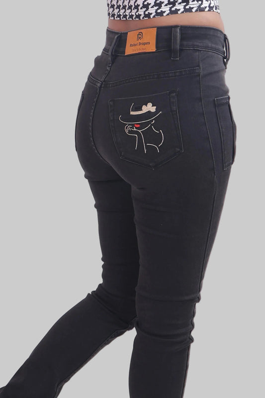 Black Skinny Fit Jeans with Pocket Embroidery DLPL
