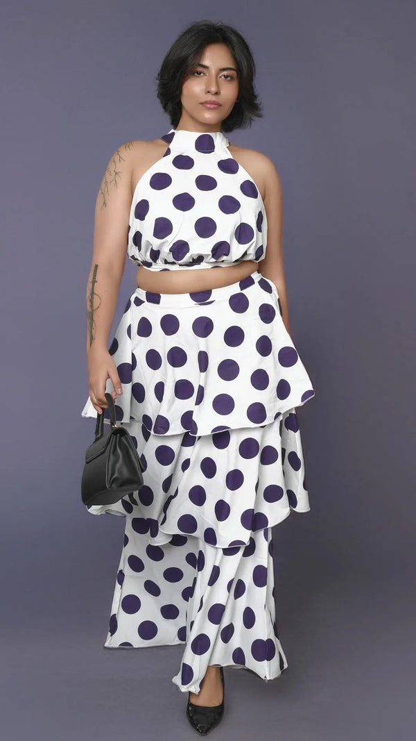 Dark Blue Polka Dots Two Piece Dress