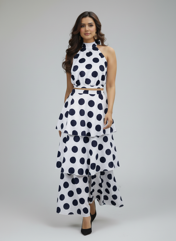 Dark Blue Polka Dots Two Piece Dress